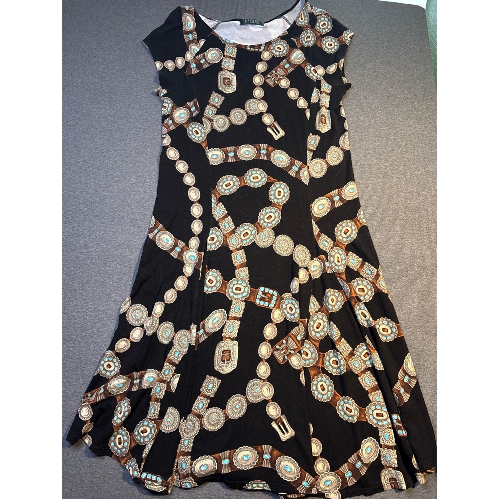 Lauren Ralph Lauren Black Concho Belt Print Cap Sleeve Fit Flare Dress Sz M